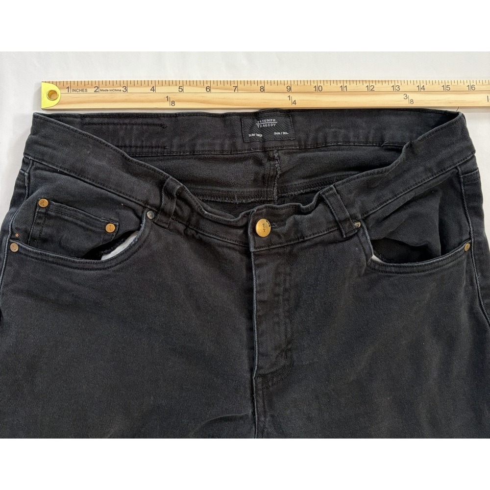 Triumph Tragedy Men's Slim Fit Tapered Jeans Black Dark Wash Cotton Denim 34x30 - Picture 4 of 8